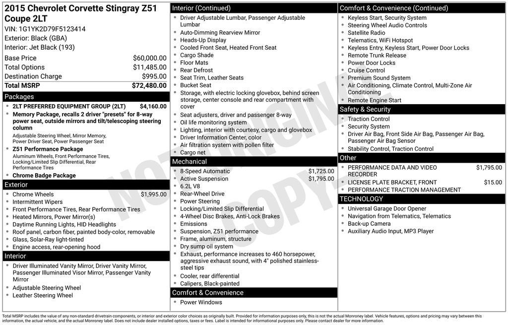 2015 Chevrolet Corvette Stingray Z51 2LT