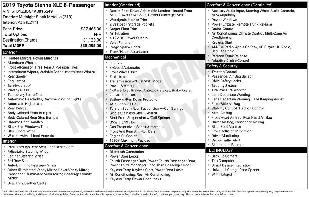 2019 Toyota Sienna XLE Auto Access Seat