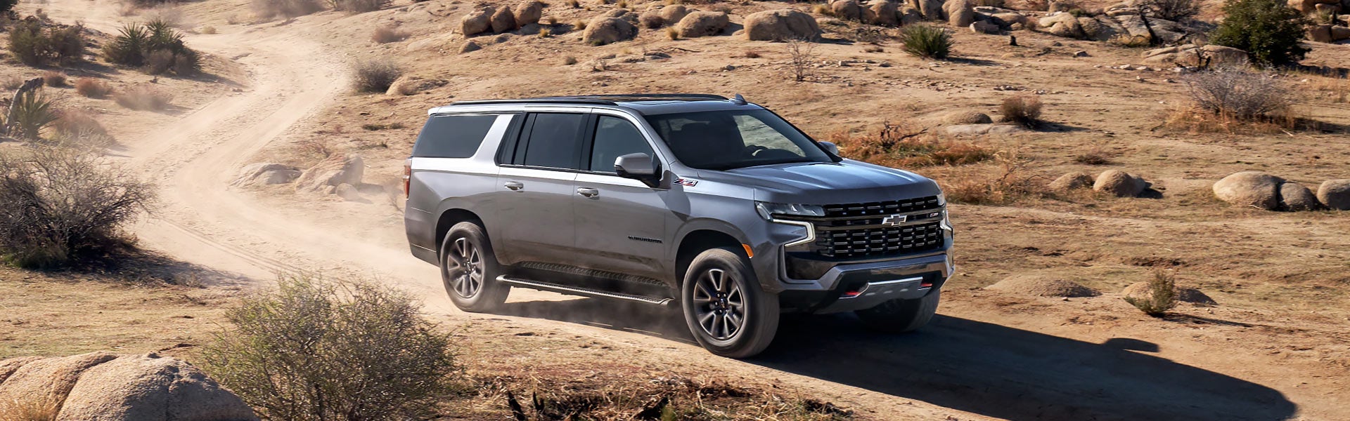 Silver 2021 Chevy Suburban in the desert