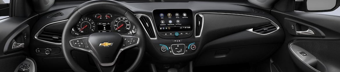 Interior of a Chevrolet Malibu, highlighting its sleek dashboard